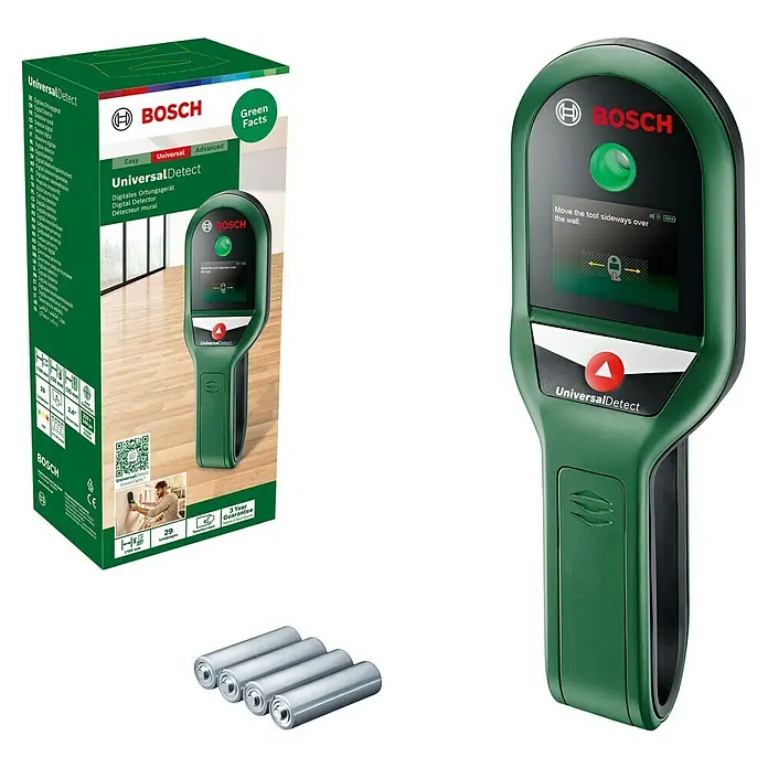 Bosch Ortungsgerät UniversalDetect - Geeignet für: Aufspüren von spannungsführenden Leitungen, Holz und Metall, Erfassungstiefe: Max. 50 mm stromführende Leitung - Abbildung eines Bosch UniversalDetect Wandscanners mit Verpackung und Batterien. Das Gerät ist in Grün gehalten und zeigt ein Display.