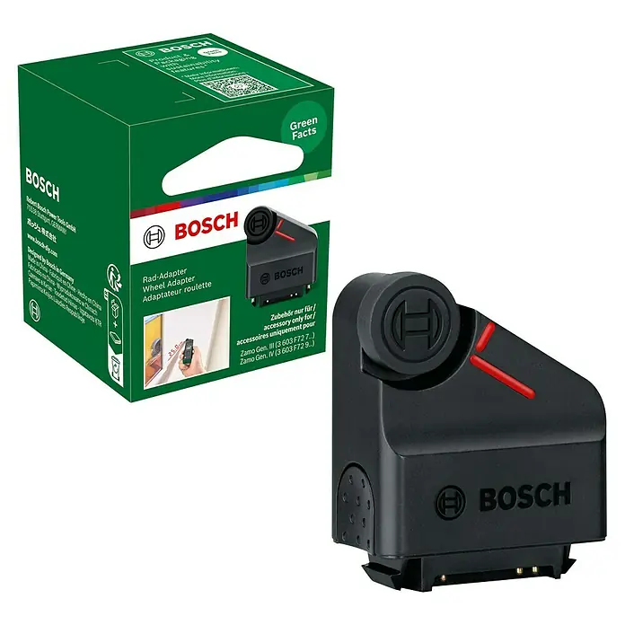 Bosch Messrad-Adapter Zamo - Passend für: Laser-Entfernungsmesser ZAMO IV - Produktabbildung des Bosch Rad-Adapters, einem Zubehörteil für Bosch Zamo Laser-Entfernungsmesser, mit Verpackung.