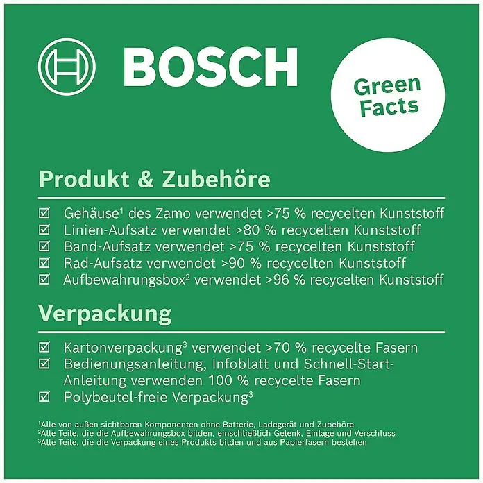 Bosch Laserentfernungsmesser ZAMO IV Set - 7 -tlg., Max. Arbeitsbereich: 25 m - Details zum Bosch Produkt und Zubehör: Gehäuse, Aufsätze und Verpackung aus recycelten Materialien für eine grüne Umwelt.