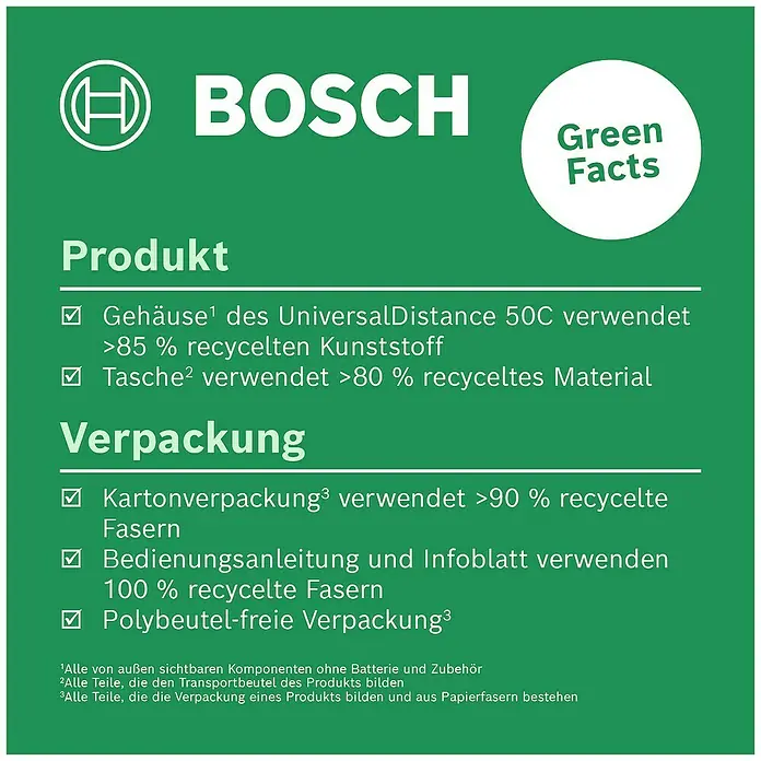 Bosch Universal Laserentfernungsmesser UniversalDistance 50 C - Messbereich: 0,05 - 50 m, Bluetooth 4.0 - Umweltfreundliche Fakten des UniversalDistance 50C: Gehäuse mit >85% recyceltem Kunststoff, Tasche mit >80%, Karton >90%, Anleitung 100%.