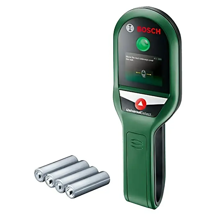 Bosch Ortungsgerät UniversalDetect - Geeignet für: Aufspüren von spannungsführenden Leitungen, Holz und Metall, Erfassungstiefe: Max. 50 mm stromführende Leitung - Das Bild zeigt einen Bosch UniversalDetect Wandscanner mit vier dazugehörigen Batterien vor einem schwarzen Hintergrund.