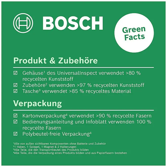 Bosch Universal Endoskopkamera UniversalInspect - Länge Schwanenhals: 95 cm, 11 -tlg. - Umweltfreundliche Produktmerkmale von Bosch: Gehäuse aus >80% recyceltem Kunststoff, Zubehör >97%, Tasche >85%, Karton >90%, Anleitung 100%.