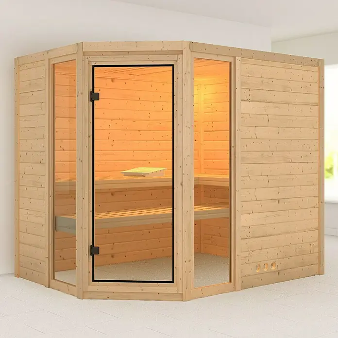 Karibu Massivholzsauna Sinai 3 - Ohne Ofen, Ohne Dachkranz, L x B x H: 236 x 184 x 200 cm - Ein großzügiges Saunamodell aus hellem Holz mit gläserner Front und Tür, die einen Einblick ins Innere gewährt.