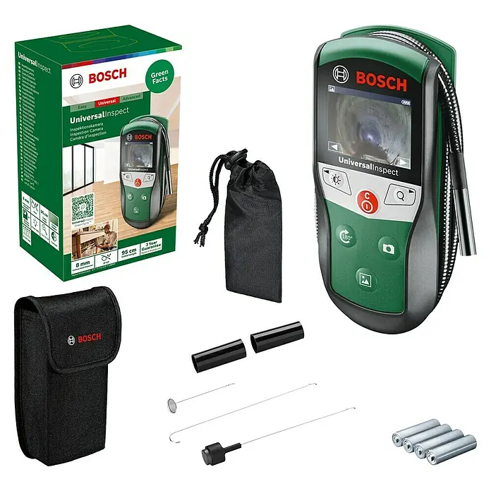 Bosch Universal Cámara endoscópica Inspect - Longitud cuello de cisne: 95 cm, 11 pzs. - Conjunto de cámara de inspección Bosch UniversalInspect con accesorios para un uso versátil, que ofrece un funcionamiento fácil y funciones avanzadas.