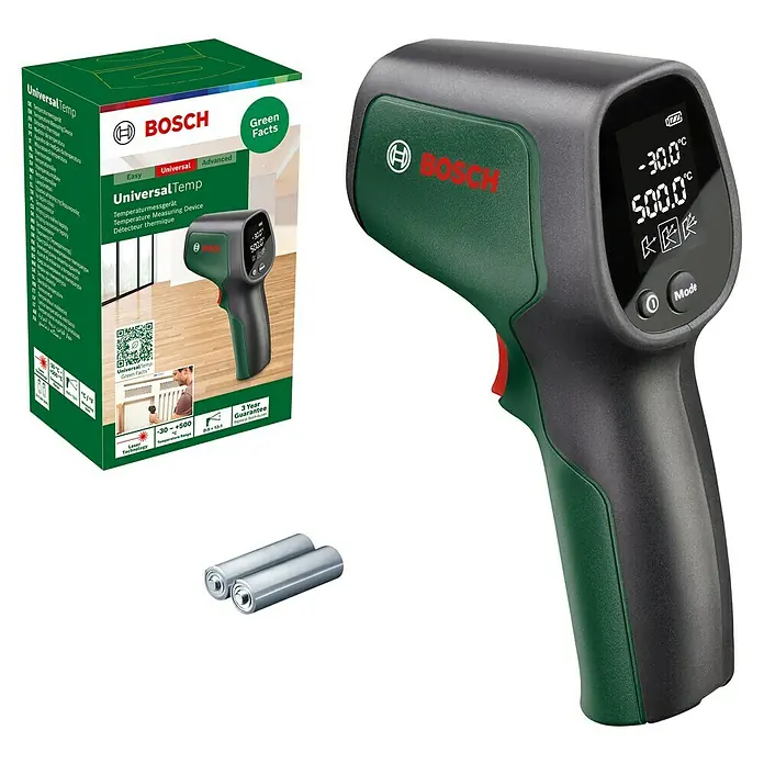 Bosch Universal Medidor de temperatura Temp - Rango de medición de temperatura: -30 °C - 500 °C - El termómetro Bosch UniversalTemp con dispositivo de medición, embalaje y pilas para lecturas de temperatura precisas.