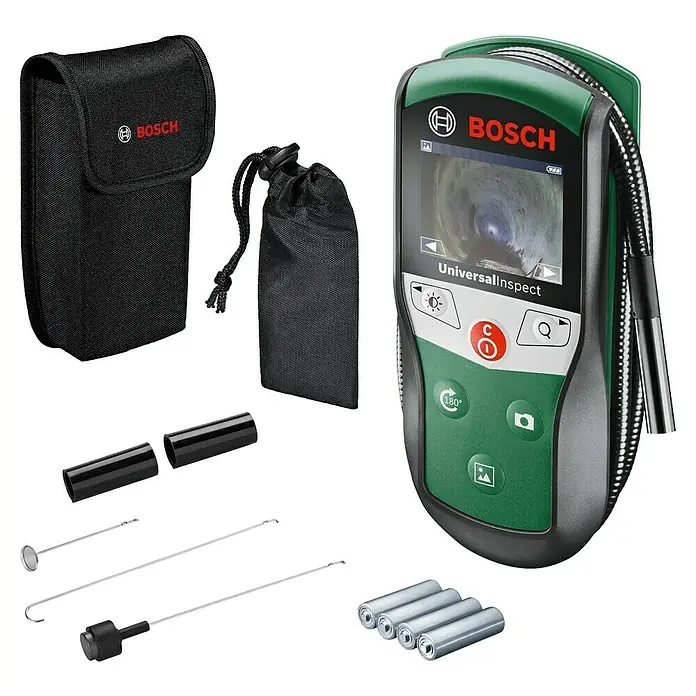 Bosch Universal Endoskopkamera UniversalInspect - Länge Schwanenhals: 95 cm, 11 -tlg. - Produktbild des Bosch UniversalInspect Inspektionskamera-Sets mit Zubehör und praktischer Tragetasche.