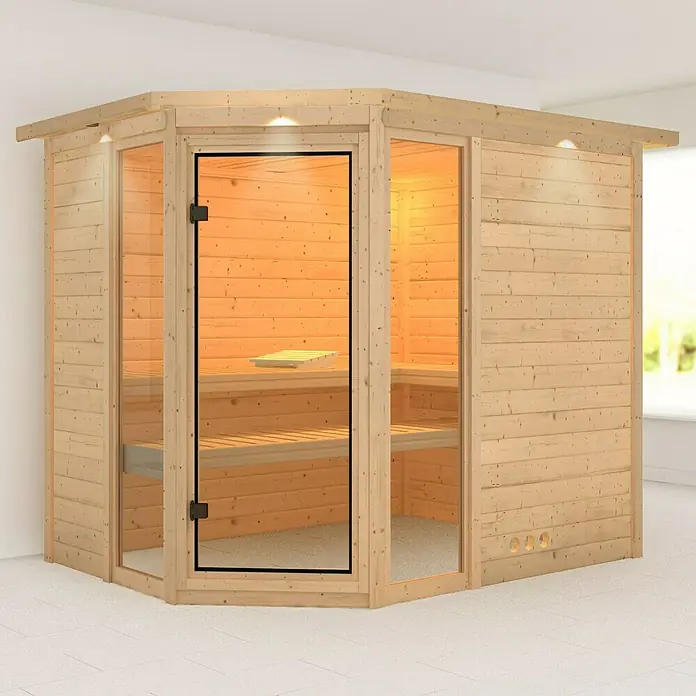 Karibu Massivholzsauna Sinai 3 - Ohne Ofen, Mit Dachkranz und Beleuchtung, L x B x H: 264 x 198 x 200 cm - Ein Ecksauna-Bausatz mit Glastür und Holzverkleidung, der Entspannung und Wellness in Ihrem Zuhause verspricht.