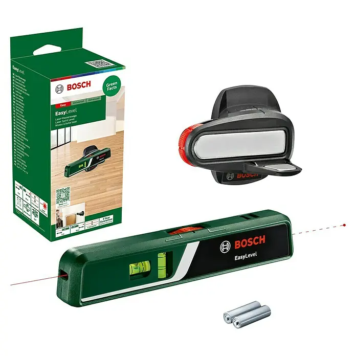 Bosch Easy Nivel láser Level - Número de niveles de burbuja: 2 ud. - Imagen del conjunto de nivel láser Bosch EasyLevel con accesorios y embalaje, ideal para tareas de nivelación precisas.