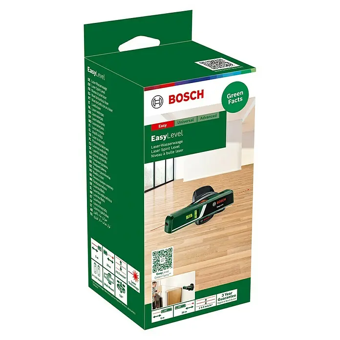 Bosch Easy Nivel láser Level - Número de niveles de burbuja: 2 ud. - Embalaje del conjunto de nivel láser Bosch EasyLevel, una herramienta útil para tareas de nivelación precisas.