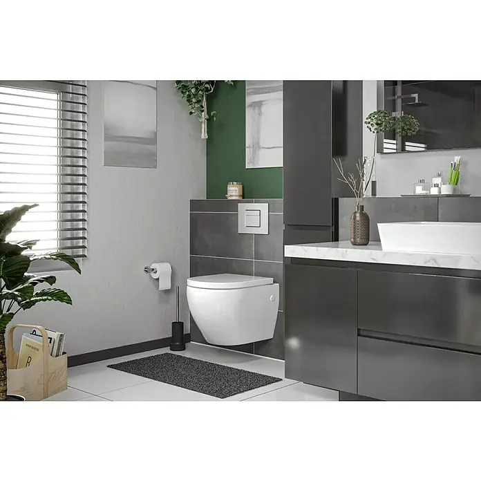 Camargue Wand-WC Rom - Spülrandlos, Ohne Spezialglasur, Spülform: Tief, WC Abgang: Waagerecht, Weiß - Stilvolles Badezimmer mit hängendem WC in Weiß, kombiniert mit einem modernen Waschtisch in Anthrazit und hellen Marmorablagen, unterstrichen durch grüne Akzente.