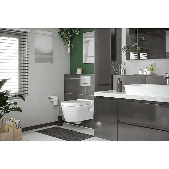 Camargue Empire Wand-WC - Mit Spülrand, Ohne Spezialglasur, Spülform: Tief, WC Abgang: Waagerecht, Weiß - Ein modernes Badezimmer mit einer wandhängenden Toilette, einem Waschbecken mit Unterschrank und stilvollen Accessoires für ein elegantes Ambiente.