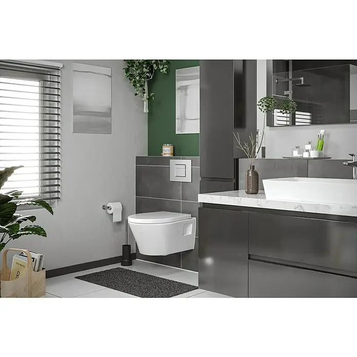 Camargue Rio Wand-WC - Spülrandlos, Ohne Spezialglasur, Spülform: Tief, WC Abgang: Waagerecht, Weiß - Ein modernes Badezimmer mit einer hängenden Toilette, einem Waschbecken auf einer eleganten Marmorplatte und stilvollen, dunklen Möbeln.