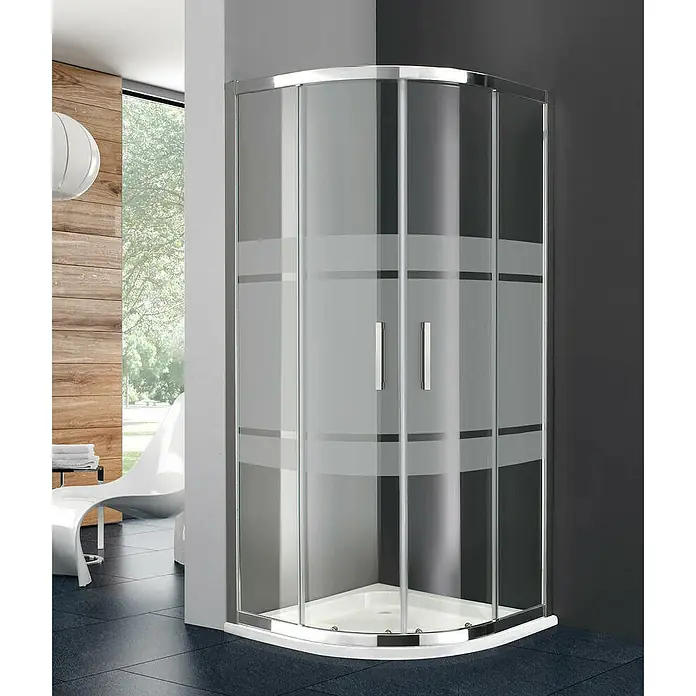 GME Mampara de ducha semicircular Prestige - 90 x 90 x 195 cm, Eloxado, Plata brillo - Se muestra una mampara de ducha moderna con vidrio claro y parcialmente esmerilado con elegantes marcos plateados, que ofrece una solución elegante para el baño.