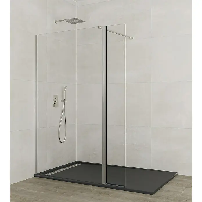 GME Pieza de unión para mampara Screen - 25 x 195 cm, Espesor: 8 mm, Vidrio transparente, Plata brillo - Diseño elegante de cabina de ducha con un toque moderno. La cabina de ducha tiene un diseño minimalista y un plato de ducha oscuro.