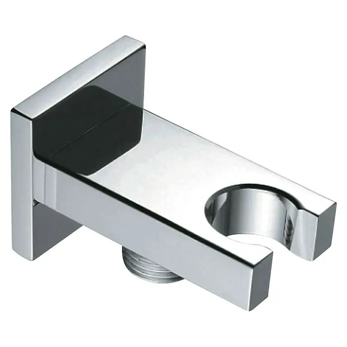 IO Soporte para mango de ducha - Cuadrado, Metal, Cromo - Primer plano de un soporte de ducha cromado con diseño cuadrado.