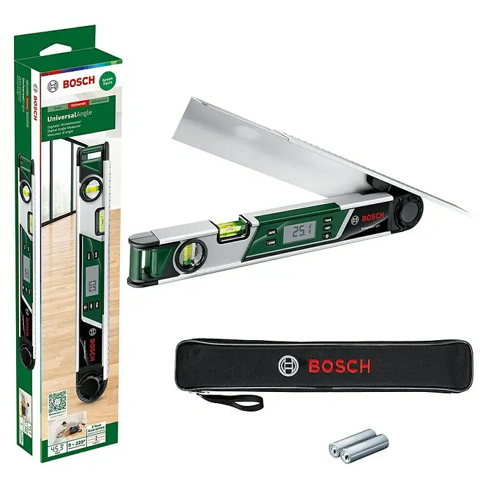 Bosch Universal Goniómetro digital Angle - Número de niveles de burbuja: 2 ud. - El conjunto Bosch UniversalAngle, con medidor de ángulo digital, funda y baterías, ideal para proyectos de bricolaje precisos.