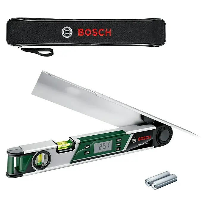 Bosch Universal Digitaler Winkelmesser UniversalAngle - Messbereich: 0 - 220 °, Anzahl Libellen: 2 Stk. - Bosch Universal Winkelmesser Set mit Tasche und Batterien. Der digitale Winkelmesser für präzise Messungen.