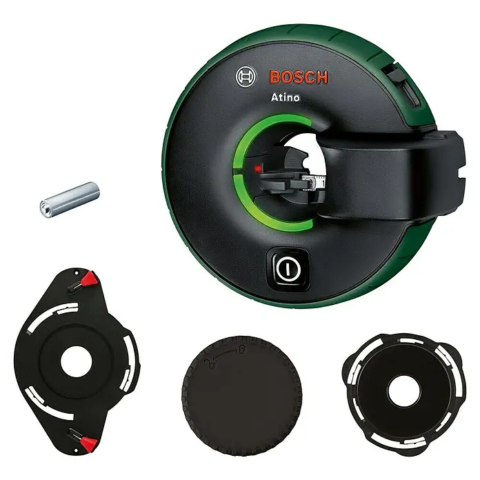 Bosch Linienlaser Atino - Max. Arbeitsbereich: 2 m - 2,2 m - Das Bosch Atino Linienlaser-Nivelliergerät mit Zubehör für präzise Ausrichtung und Nivellierung bei diversen Projekten.