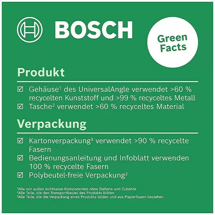 Bosch Universal Digitaler Winkelmesser UniversalAngle - Messbereich: 0 - 220 °, Anzahl Libellen: 2 Stk. - Bosch "Green Facts" Etikett: Produkt nutzt Recycling-Kunststoff/Metall, Verpackung Recycling-Fasern, beutelfrei.