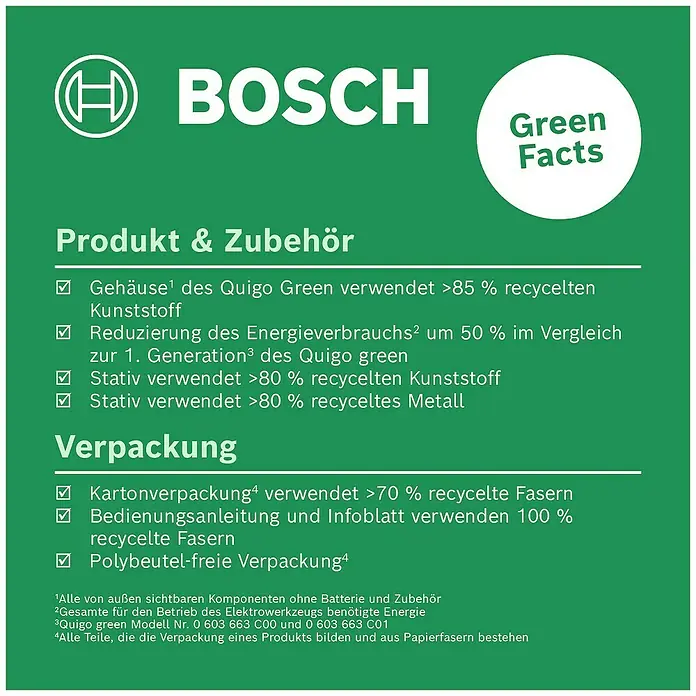 Bosch Kreuzlinienlaser Quigo Green - Max. Arbeitsbereich: 12 m - Nachhaltigkeit im Fokus: Details zu recycelten Materialien und Energieeffizienz des Bosch Quigo Green Produkts und seiner Verpackung.