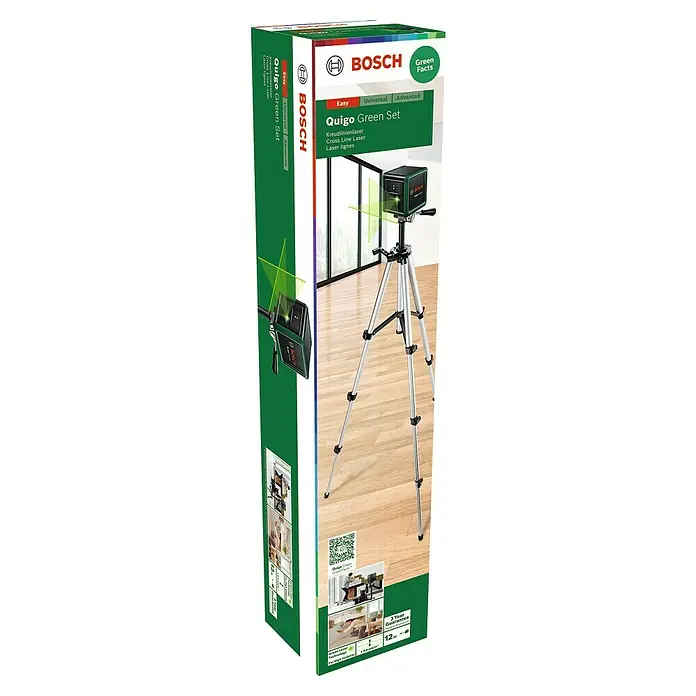 Bosch Kreuzlinienlaser Quigo Green - Max. Arbeitsbereich: 12 m - Die Bosch Quigo Green Set Kreuzlinienlaser im Karton mit Stativ. Ideal für präzise Ausrichtung bei Innenausbauarbeiten und Dekorationen.