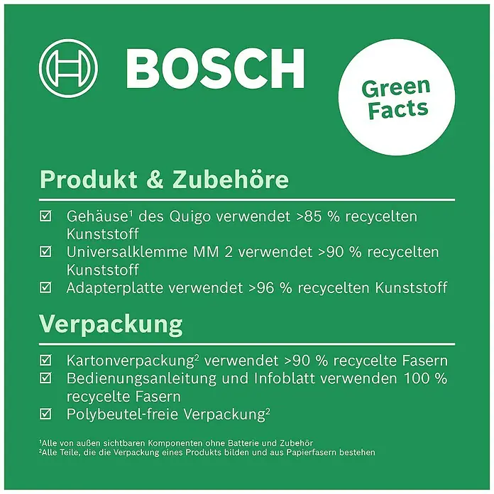 Bosch Kreuzlinienlaser Quigo - Max. Arbeitsbereich: 10 m - Bosch Produkt & Zubehöre: Gehäuse, Universalklemme und Adapterplatte aus recycelten Kunststoffen, Kartonverpackung und polybeutelfreie Verpackung.