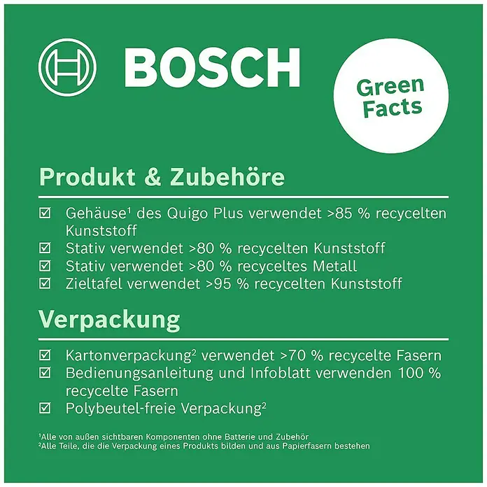 Bosch Kreuzlinienlaser Quigo Plus - Max. Arbeitsbereich: 7 m - BOSCH Green Facts: Informationen zur Nachhaltigkeit von Produkt und Zubehör, einschließlich Verpackung.
