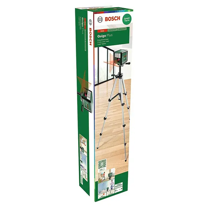 Bosch Kreuzlinienlaser Quigo Plus - Max. Arbeitsbereich: 7 m - Bild einer Verpackung des Bosch Quigo Plus Kreuzlinienlasers mit Stativ, ideal für präzise Ausrichtung bei Heimwerkerprojekten.