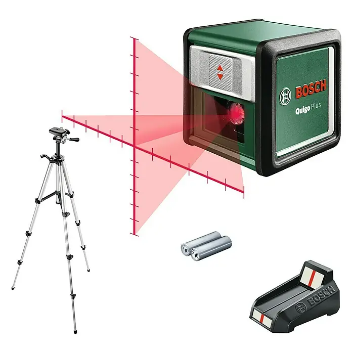 Bosch Kreuzlinienlaser Quigo Plus - Max. Arbeitsbereich: 7 m - Das Bild zeigt den Bosch Quigo Plus Kreuzlinienlaser mit Stativ, Batterien und Zubehör, ein Werkzeug für präzises Ausrichten.