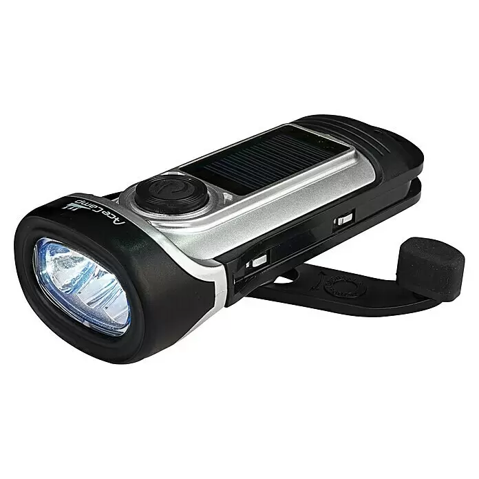 AceCamp Kurbel-Taschenlampe Dyna - L x B x H: 14,8 x 6,2 x 4,5 cm, Stromlos - Schwarz-silberne Solar-Taschenlampe mit integriertem Solarpanel und Kurbel für Notladung.