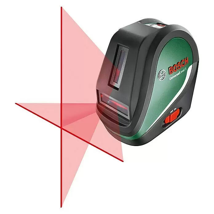 Bosch Kreuzlinienlaser UniversalLevel 3 - Max. Arbeitsbereich: 10 m, 5 -tlg. - Schwarz-grünes Bosch Laser-Nivelliergerät projiziert rote Kreuz- und vertikale Laserlinien.