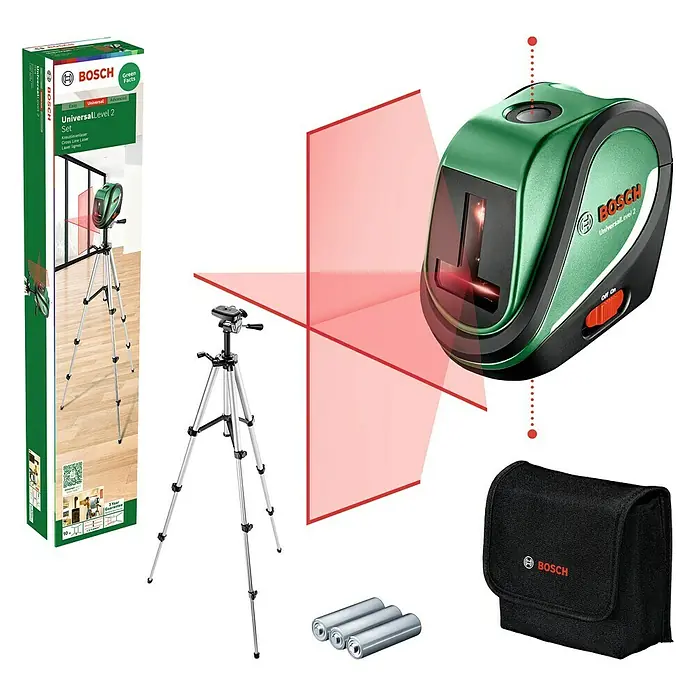 Bosch Nivel láser en cruz Level 2 Set - Zona de trabajo máx.: 10 m, 6 pzs. - La imagen muestra un conjunto Bosch UniversalLevel 2, que incluye un láser de líneas cruzadas, un trípode, pilas y una funda de transporte.