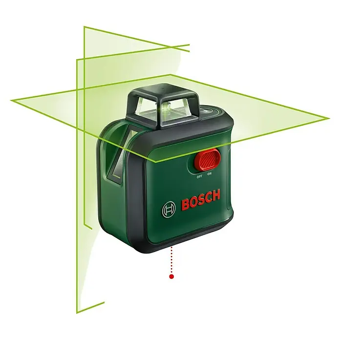Bosch Kreuzlinienlaser AdvancedLevel 360 - Max. Arbeitsbereich: 12 m, 6 -tlg. - Das Bild zeigt einen Bosch Linienlaser, der grüne Laserlinien projiziert. Ein präzises Werkzeug für Ausrichtung und Nivellierung im Innenbereich.