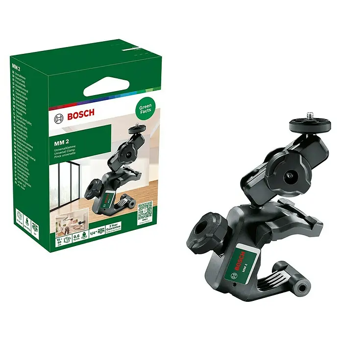 Bosch Klemmhalter MM 2 - Geeignet für: Messgeräte mit ¼″ Gewinde - Das Bild zeigt die Bosch MM 2 Universalklemme, ein vielseitiges Werkzeug zum sicheren Befestigen von Geräten.