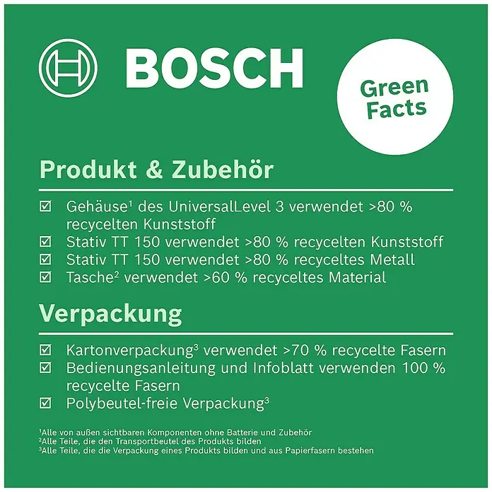Bosch Kreuzlinienlaser UniversalLevel 3 Set - Max. Arbeitsbereich: 10 m, 6 -tlg. - Umweltfreundliche Produktmerkmale von Bosch, inklusive recycelter Materialien und Verpackung.\n