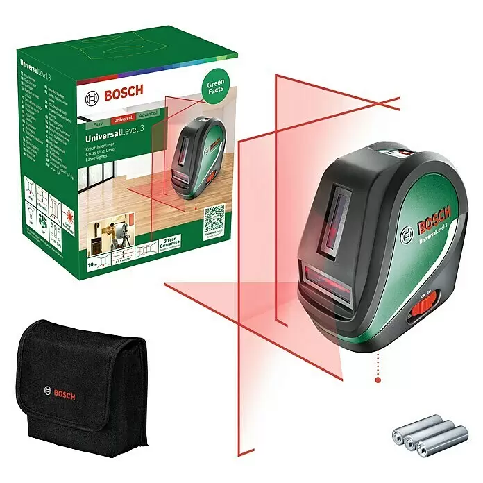 Bosch Kreuzlinienlaser UniversalLevel 3 - Max. Arbeitsbereich: 10 m, 5 -tlg. - Bosch UniversalLevel 3 Kreuzlinienlaser, schwarz-grün, mit Verpackung, Tragetasche und drei AA-Batterien.