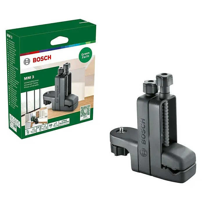 Bosch Klemmhalter MM 3 - Geeignet für: Messgeräte mit ¼″ Gewinde, Arbeitshöhe: 50 cm - 118 cm - Abbildung der Bosch MM 3 Universalklemme, ideal zum sicheren Befestigen von Messgeräten. Die vielseitige Klemme ermöglicht flexible Anwendungen.