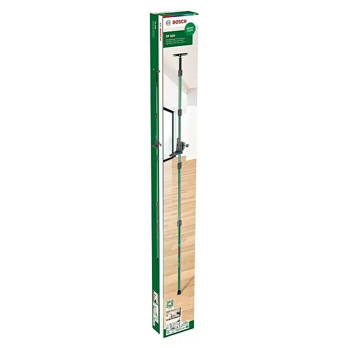 Bosch Barra telescópica TP 320 - Plástico, Altura de trabajo: 10 cm - 320 cm - Mástil telescópico Bosch TP 320 con soporte, verde y negro.
