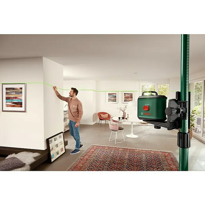 Bosch Teleskopstange TP 320 - Kunststoff, Arbeitshöhe: 10 cm - 320 cm - Bosch Professional GCL 2-50 G Linienlaser mit grünen Laserlinien und Lotpunkten, ideal für präzise Nivellierungsarbeiten im Innenbereich.