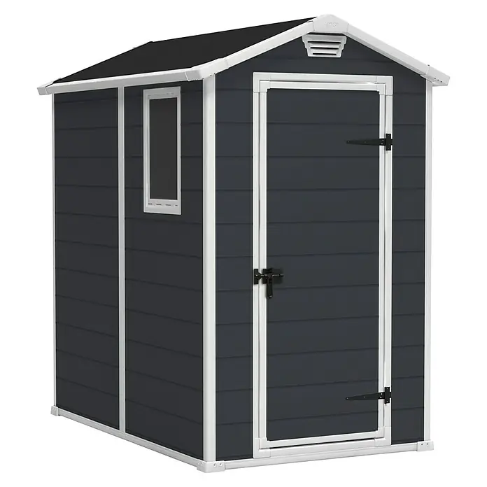Keter Gerätehaus Manor 4x6 - Außenmaß inkl. Dachüberstand (B x T): 130 x 192 cm, Kunststoff, Anthrazit/Weiß - Abbildung eines Keter Gartenschuppens mit Tür und Fenster in dunklem Grau mit weißen Kanten vor schwarzem Hintergrund.