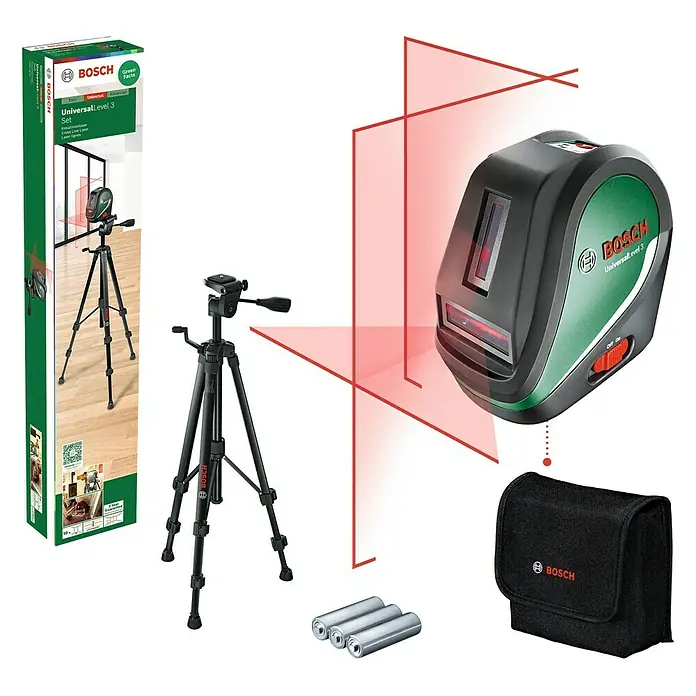Bosch Kreuzlinienlaser UniversalLevel 3 Set - Max. Arbeitsbereich: 10 m, 6 -tlg. - Produktbild des Bosch UniversalLevel 3 Set mit Kreuzlinienlaser, Stativ, Batterien und Tasche für präzise Nivellierungsarbeiten.