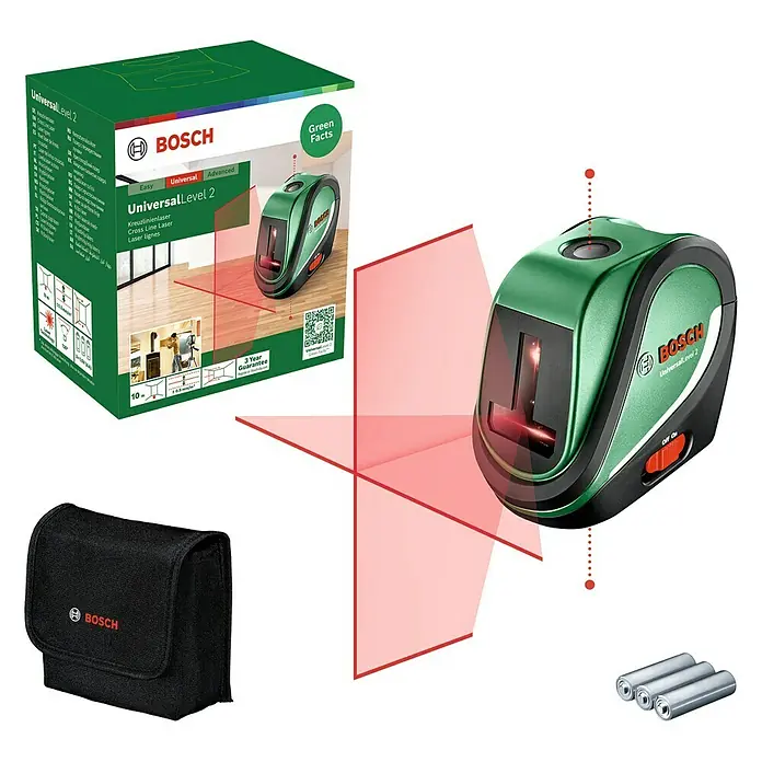 Bosch Kreuzlinienlaser UniversalLevel - Max. Arbeitsbereich: 10 m, 5 -tlg. - Abbildung eines Bosch UniversalLevel 2 Kreuzlinienlasersets mit Zubehör, ideal für präzise Nivellierarbeiten.
