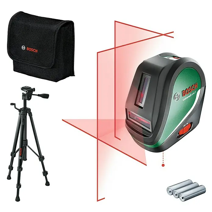 Bosch Kreuzlinienlaser UniversalLevel 3 Set - Max. Arbeitsbereich: 10 m, 6 -tlg. - Das Bosch UniversalLevel 3 Set mit Nivellierlaser, Stativ, Tasche und Batterien für präzise Ausrichtung bei Innenausbauarbeiten.
