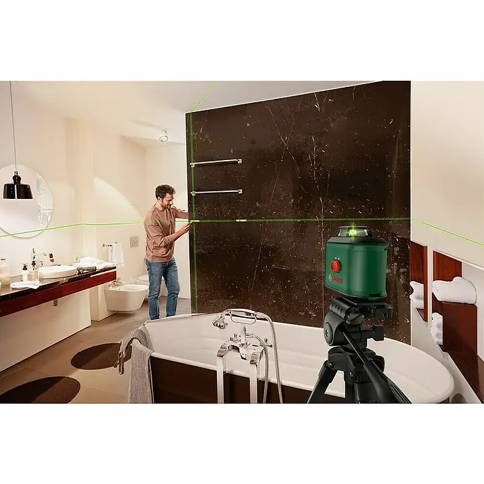 Bosch Stativ TT 150 - Höhenverstellung: 55 cm - 157 cm - Der Bosch Kreuzlinienlaser projiziert präzise horizontale und vertikale Laserlinien zur Ausrichtung im Badezimmer.