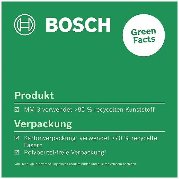 Bosch Klemmhalter MM 3 - Geeignet für: Messgeräte mit ¼″ Gewinde, Arbeitshöhe: 50 cm - 118 cm - Das Bild zeigt ein Bosch-Produkt mit "Green Facts", das recycelten Kunststoff und Fasern in der Verpackung verwendet.