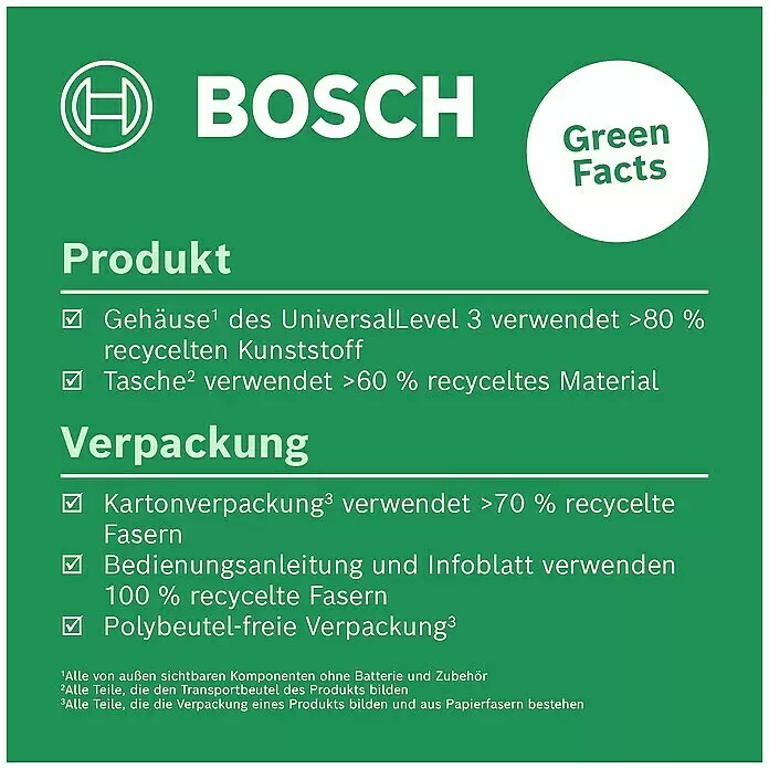 Bosch Kreuzlinienlaser UniversalLevel 3 - Max. Arbeitsbereich: 10 m, 5 -tlg. - Bosch 'Green Facts' Grafik beschreibt Nachhaltigkeit des UniversalLevel 3 Produkts und der Verpackung mit hohem Recyclinganteil.
