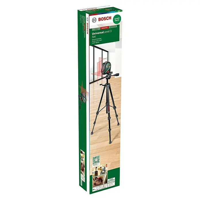 Bosch Kreuzlinienlaser UniversalLevel 3 Set - Max. Arbeitsbereich: 10 m, 6 -tlg. - Bild des UniversalLevel 3 Sets von Bosch, das einen Kreuzlinienlaser mit Stativ für präzise Ausrichtung bei diversen Projekten zeigt.