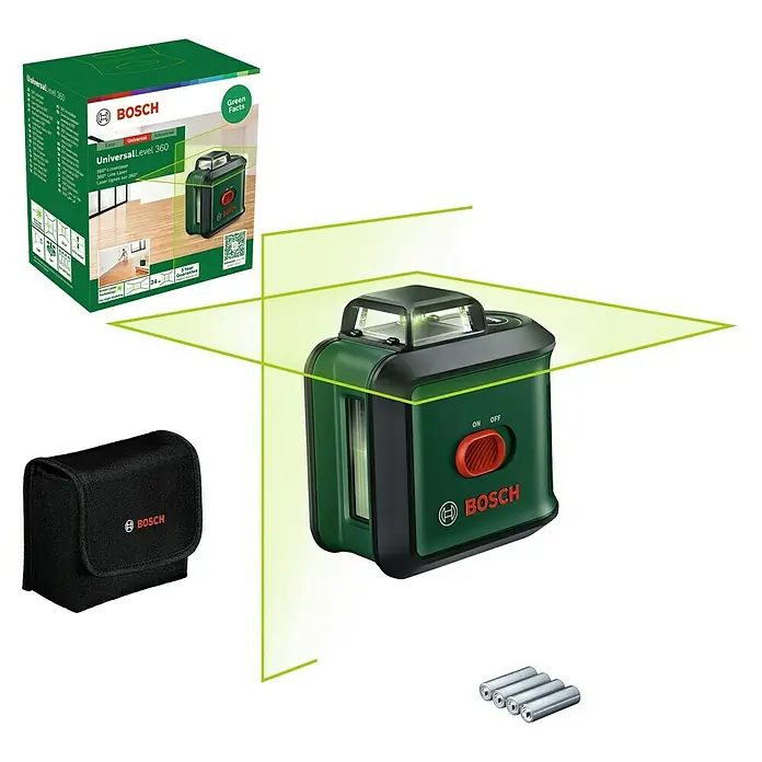 Bosch Kreuzlinienlaser UniversalLevel 360 - Max. Arbeitsbereich: 12 m, 6 -tlg. - Das Bild zeigt den Bosch UniversalLevel 360 Linienlaser, ein grünes Präzisionswerkzeug für exakte Nivellierung, zusammen mit Zubehör.