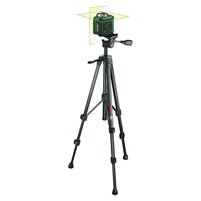 Bosch Kreuzlinienlaser UniversalLevel 360 Set - Max. Arbeitsbereich: 12 m, 7 -tlg. - Bild eines Bosch-Kreuzlinienlasers auf einem Stativ, der grüne Laserlinien projiziert, ideal für präzise Ausrichtung und Nivellierung im Innenbereich.