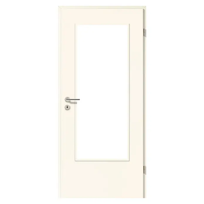 GetaDoor Laminit Zimmertür GL 223 LA - 860 x 1.985 mm, DIN Anschlag: Rechts, Weiß seidenmatt - Weiße Innentür mit großem, rechteckigem, schwarzem Glaseinsatz, silbernem Türgriff und Schlüsselloch.